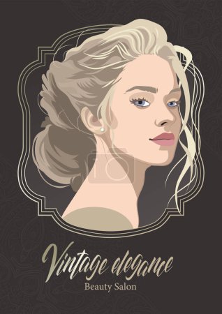 Illustration for Portrait of a beautiful blonde girl with curly hair and a beam inside a vintage frame. Vector illustration isolated on a black background - Royalty Free Image