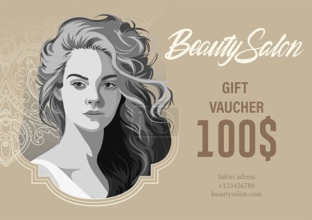 Illustration for Portrait of a beautiful girl with loose curly hair. Grayscale. Vector illustration isolated on an abstract ornate background - Royalty Free Image