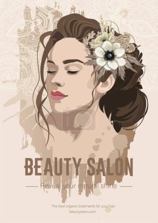 Illustration for Portrait of a beautiful brunette girl with curly hair with a beam decorated with flowers. Vector illustration isolated on an abstract ornate background - Royalty Free Image