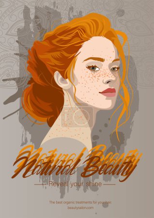 Illustration for Portrait of a beautiful girl with freckles and red hair with a beam. Vector illustration isolated on an abstract background - Royalty Free Image