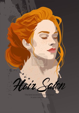 Illustration for Portrait of a beautiful girl with closed eyes, freckles and red hair with a beam. Vector illustration isolated on an abstract background - Royalty Free Image