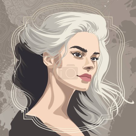 Illustration for Portrait of a beautiful girl with loose hair just starting to turn gray. Vector illustration isolated on an abstract ornate background - Royalty Free Image