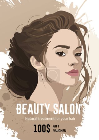 Illustration for Portrait of a beautiful brunette girl with curly hair with a beam over splashes. Vector illustration isolated on a white background - Royalty Free Image