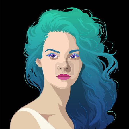 Illustration for Portrait of a beautiful girl with loose turquoise dyed hair. Vector illustration isolated on a black background - Royalty Free Image