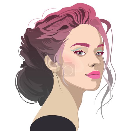 Illustration for Portrait of a beautiful girl with curly hair dyed in a pale pink color. Vector illustration isolated on white background - Royalty Free Image