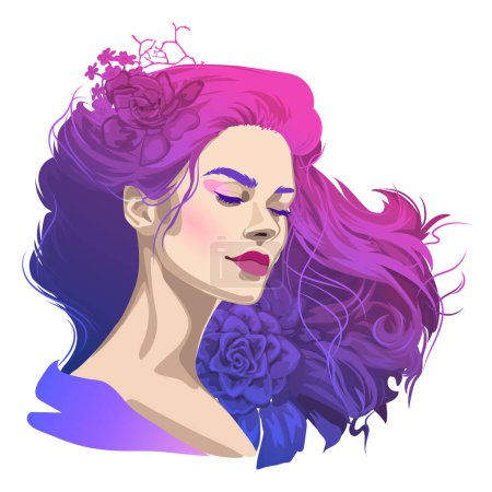 Portrait of a beautiful girl with closed eues and loose purple dyed hair decorated with flowers. Vector illustration isolated on white background