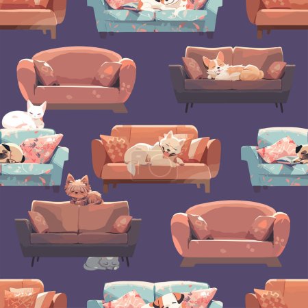 Ilustración de Lindo perro durmiendo una siesta acurrucado en un sofá moderno y suave en un apartamento luminoso, esperando el regreso de un propietario. Ilustración vectorial simple en paleta de colores de luz tranquila - Imagen libre de derechos