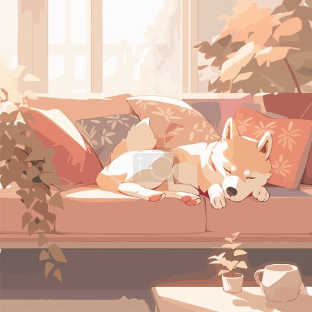 Cute welsh corgi dog having a nap, snugly curled up on a modern soft couch in a bright apartment, waiting for the return of an owner. Simple vector illustration in calm light color palette