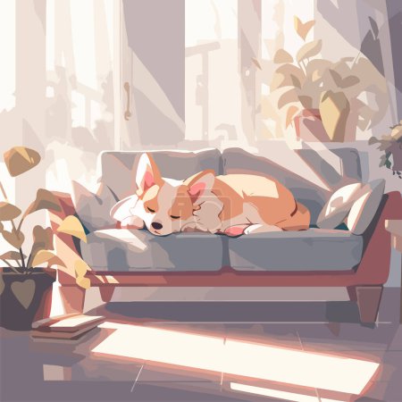 Cute welsh corgi dog having a nap, snugly curled up on a modern soft couch in a bright apartment, waiting for the return of an owner. Simple vector illustration in calm light color palette