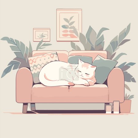 Cute cat having a nap, snugly curled up on a modern soft couch in a bright apartment, waiting for the return of an owner. Simple vector illustration in calm light color palette