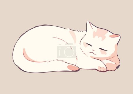 Cute white cat having a nap, snugly curled up. Simple vector design element isolated on a beige background