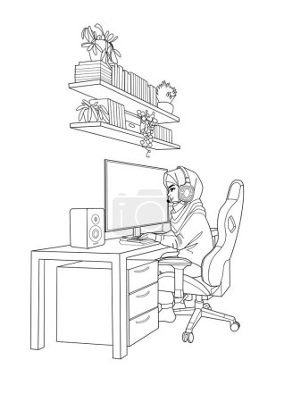 Téléchargez les illustrations : Musulmane gamer ou streamer avec un casque se trouve en face d'un ordinateur. Vue de côté, dessin animé style anime. Caractères vectoriels isolés sur fond blanc - en licence libre de droit