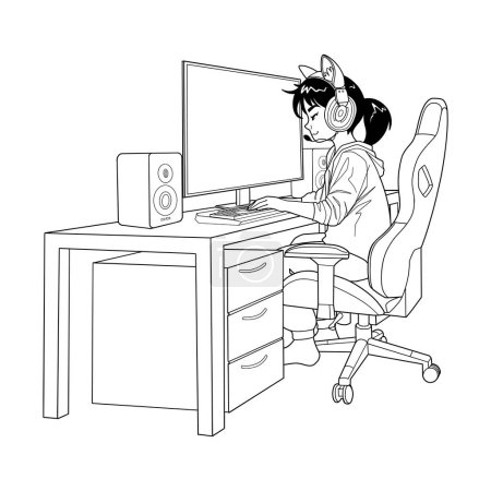 Téléchargez les illustrations : Asiatique fille gamer ou streamer avec un casque se trouve en face d'un ordinateur. Vue de côté, dessin animé style anime. Caractères vectoriels isolés sur fond blanc - en licence libre de droit
