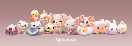 Group of a cute little animals with a kind smiling face and big eyes. Vector pet illustration drawn in a cartoon 3d mesh style isolated on a gradient background