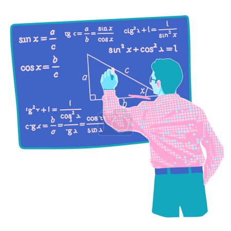 Téléchargez les illustrations : Professeur masculin dans une chemise à carreaux rose écrit des formules mathématiques sur le tableau noir. Illustration vectorielle isolée sur fond blanc - en licence libre de droit