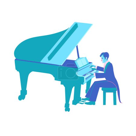Téléchargez les illustrations : Un pianiste masculin en tailcoat joue un concert de piano. Illustration vectorielle isolée sur fond blanc - en licence libre de droit