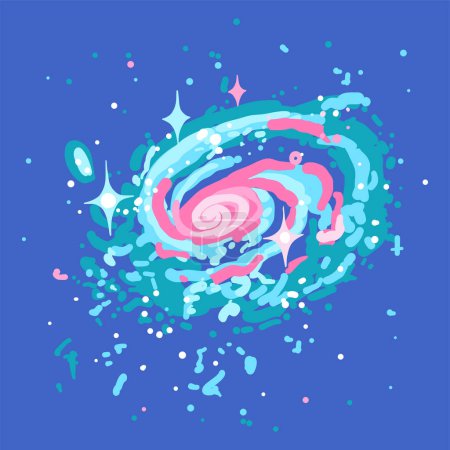 Illustration for A view from space to a spiral galaxy. Abstract universe filled with stars, nebula in a cartoon style. Vector illustration isolated on blue background - Royalty Free Image