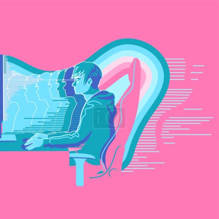 Illustration for Young guy sitting in front of his computer. Vector conceptual illustration isolated on a pink background - Royalty Free Image