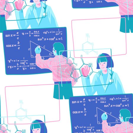 Illustration for Vector repeated seamless pattern of scientist and teacher writing formulas on the glass board and blackboard. - Royalty Free Image