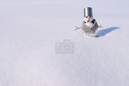Téléchargez les photos : Bonhomme de neige avec nez de carotte, et yeux de charbon / bouche sur champ neigeux - en image libre de droit