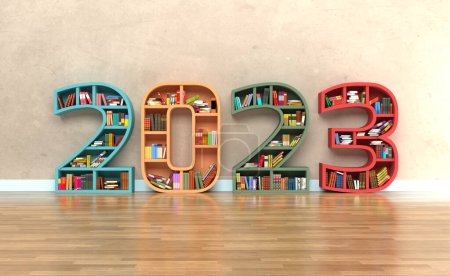 Photo for New Year 2023 Creative Design Concept with Books Shelf - 3D Rendered Image - Royalty Free Image