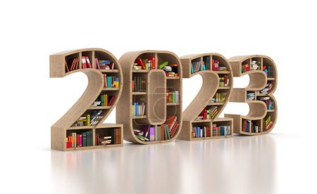 New Year 2023 Creative Design Concept with Books Shelf - 3D Rendered Image