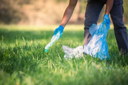 Téléchargez les photos : Homme ramassant bouteille en plastique, collecte des ordures dans la planète de nettoyage de la forêt, aider à la collecte des ordures environnement de charité, ordures dans une forêt - en image libre de droit