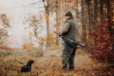 Foto de Temporada de caza de otoño, cazador con rifle y perro buscando algún animal salvaje en la madera o el bosque, concepto de deportes al aire libre - Imagen libre de derechos