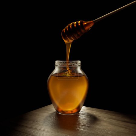 Téléchargez les photos : Miel sur fond noir avec une cuillère à miel. 3d rendu. - en image libre de droit