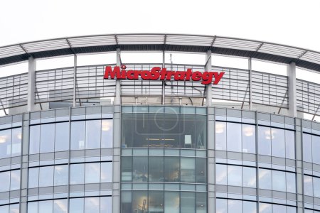 Photo for Tysons Corner, Virginia, USA- January 14, 2020: Sign of MicroStrategy on the headquarters building in Tysons Corner,  a company provides business intelligence, mobile software, and cloud-based service - Royalty Free Image