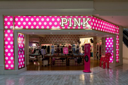 Foto de Tysons Corner, Virginia, EE.UU. 14 de enero de 2020: Victoria 's Secret Pink storefront in Tysons Corner Center, Virginia, EE.UU. PINK es una línea de lencería y ropa de Victoria 's Secret. - Imagen libre de derechos