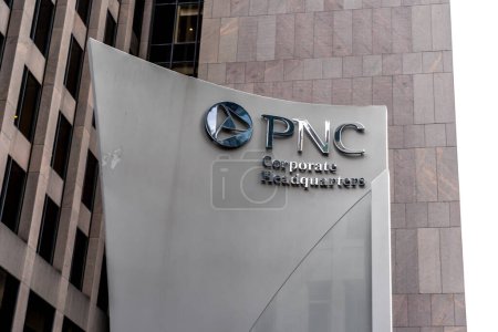 Photo for Pittsburgh, Pennsylvania, USA - January 11, 2020: PNC bank sign outside their corporation headquarters in Pittsburgh, USA, an American bank holding company and financial services corporation. - Royalty Free Image
