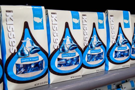 Photo for Pennsylvania, NY, USA - March 2, 2020: HERSHEY'S KISSES Chocolate Cookies 'N' Creme Candies on a store shelf. Hershey is an American company and one of the largest chocolate manufacturers in the world - Royalty Free Image