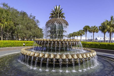 Téléchargez les photos : Charleston, Caroline du Sud, USA - 28 février 2020 : Fontaine d'ananas au Waterfront Park à Charleston, Caroline du Sud, USA. Fontaine d'ananas est un point focal dans le parc. - en image libre de droit