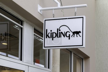 Photo for Orlando, Florida, USA- February 24, 2020: Kipling Aropostale store hanging sign in Orlando, Florida, USA. Kipling is a Belgian fashion brand and sells handbags, backpacks, totes, luggage and accessor - Royalty Free Image
