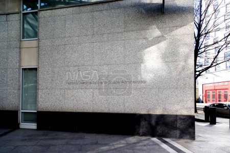 Photo for Washington D.C., USA - March 1, 2020: NASA sign outside their headquarters in Washington, D.C. The National Aeronautics and Space Administration is a agency of the USA Federal Government. - Royalty Free Image