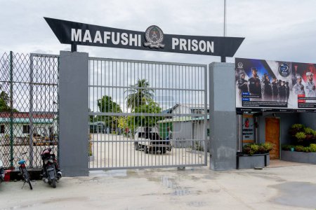 Photo for Maafushi, Maldives - November 29, 2018: Gate of Maafushi Prison. Maafushi Island is one of the biggest islands in Maldives. - Royalty Free Image