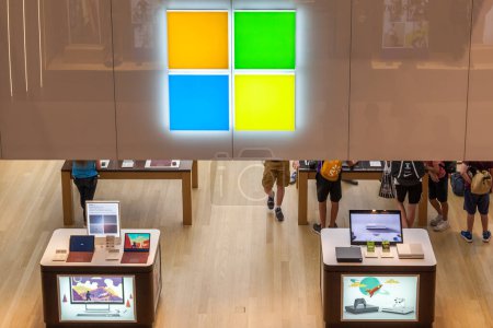 Photo for Toronto, Canada - February 10, 2018: Logo of Microsoft on the store in the Eaton Centre mall in Toronto. Microsoft Corporation is an American multinational technology company. - Royalty Free Image