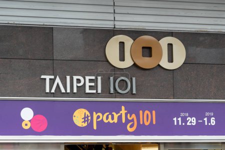 Photo for Taipei, Taiwan - December 10, 2018: Sign and logo in Taipei 101 building, a landmark supertall skyscraper. - Royalty Free Image