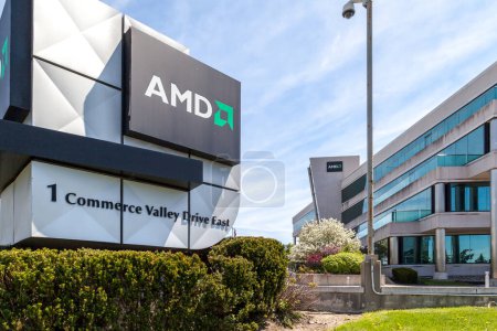 Photo for Markham, Ontario, Canada - May 21, 2018: Sign of AMD office in Markham, Ontario, Canada. Advanced Micro Devices, Inc. (AMD) is an American multinational semiconductor company. - Royalty Free Image