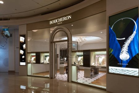 Photo for Taipei, Taiwan - December 10, 2018: Boucheron storefront in Taipei 101 Shopping Mall. Founded in 1858, Boucheron is a French luxury jewellery and watches house. - Royalty Free Image