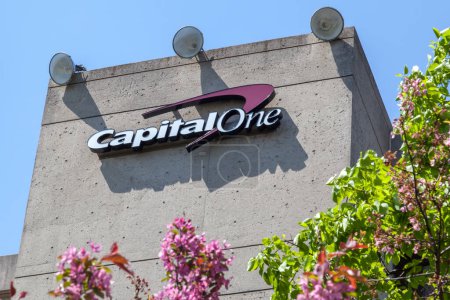 Photo for Toronto, Canada - May 24, 2018: Capital one sign in Toronto. Capital One Financial Corporation is a bank holding company specializing in credit cards, auto loans, banking and savings products. - Royalty Free Image