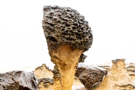 Rocas de hongos en el Geoparque Yehliu en Taiwán.Las rocas de hongos se forman con rocas en forma de globo en la parte superior mientras se apoyan en los pilares de piedra delgada en la parte inferior.