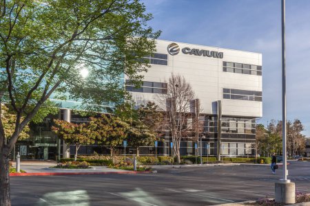 Photo for San Jose, California, USA - March 30, 2018: Sign of Cavium on the building at headquarters in Silicon Valley, CA. Cavium is a fabless semiconductor company. - Royalty Free Image