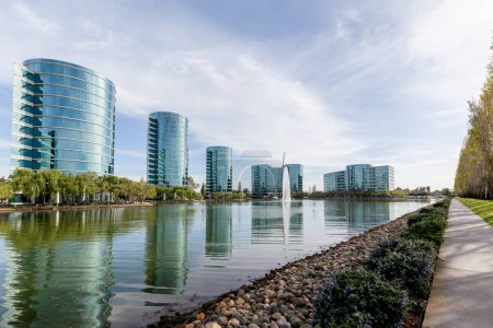 Photo for Redwood Shores, California, USA - March 30, 2018: Oracle headquarters in Silicon Valley. Oracle Corporation is an American multinational computer technology corporation. - Royalty Free Image