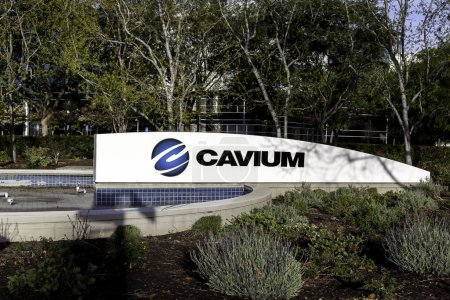 Photo for San Jose, California, USA - March 30, 2018: Sign of Cavium at headquarters in Silicon Valley, CA. Cavium is a fabless semiconductor company. - Royalty Free Image