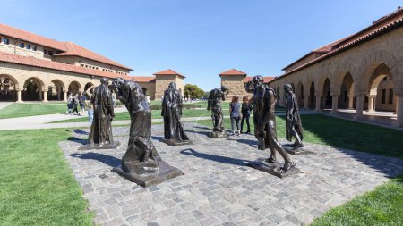 Photo for Bronze statues by Auguste Rodin Burghers of Calais in Memorial Court in sunny day. Stanford University, California, United States - Royalty Free Image