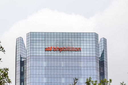 Photo for Houston, Texas, USA - September 22, 2018: Sign of BHP Billiton Petroleum on BHP Billiton Tower, an Anglo-Australian multinational mining, metals and petroleum dual-listed public company. - Royalty Free Image