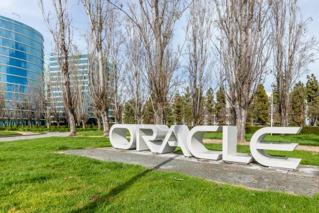 Photo for Redwood Shores, California, USA - March 30, 2018: Oracle sign at Oracle 's headquarters in Silicon Valley. Oracle Corporation is an American multinational computer technology corporation. - Royalty Free Image