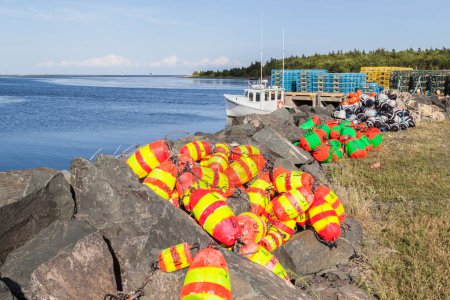 Photo for NEW BRUNSWICK, CANADA - August 5, 2017: Brightly colored lobster trap buoys in New Brunswick, Canada - Royalty Free Image